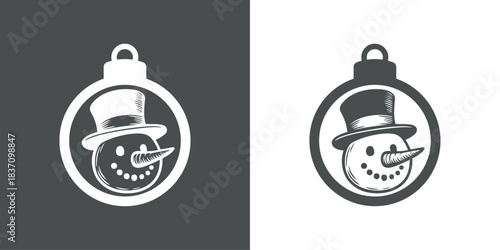 Tiempo de Navidad. Logo con silueta de bola de navidad con cabeza de muñeco de nieve para tarjetas y felicitaciones