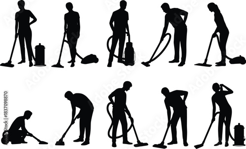 Silhouette collection of people vacuuming and performing various cleaning tasks with household equipment in professional vector illustration