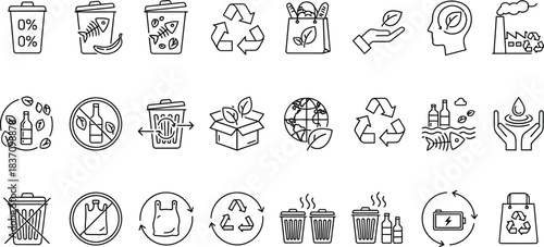 A comprehensive set of environmental sustainability and recycling line icons, illustrating waste management, eco-friendly practices, and pollution prevention.