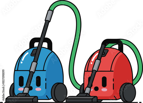 Cute cartoon vacuum cleaners with adorable facial expressions in colorful modern vector style perfect for cleaning and household designs