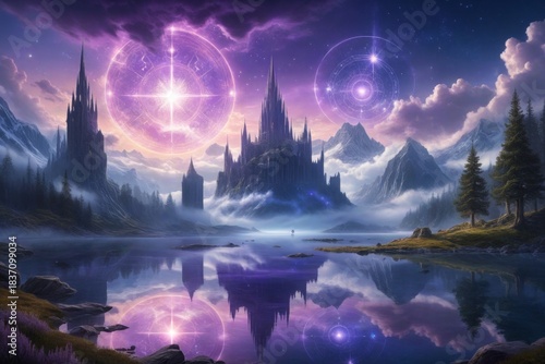Magische Burg in einer mystischen Berglandschaft mit schimmernden Sternen und einem friedlichen See im Vordergrund