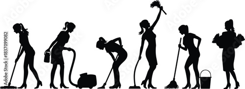 Silhouette illustration of female cleaners performing various housekeeping tasks with cleaning tools and equipment in professional vector design