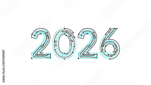 Digital rendering of the year 2026 with flowing circuit lines and arrows
