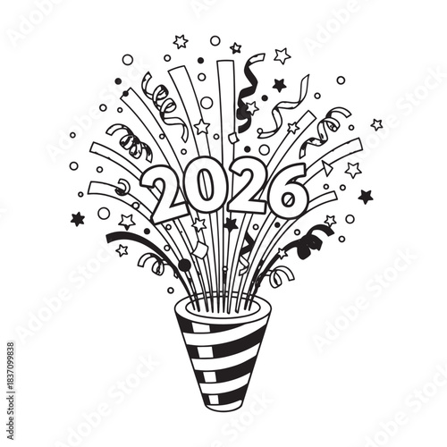 New Year Celebration Illustration Featuring a Party Popper Bursting with Fireworks and 2026.