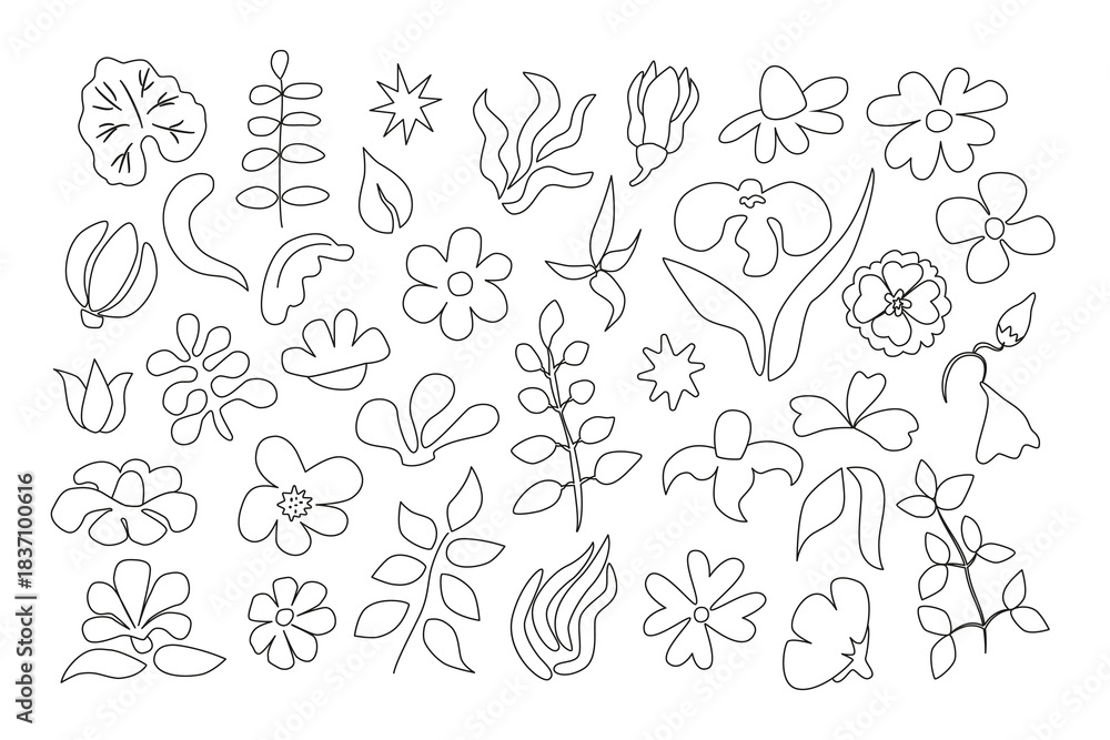 Fototapeta premium Large set of garden plants in primitive line art style. Includes apple tree, daisies, lilies, geranium. Minimalist one-line drawing collection for tattoo or print.