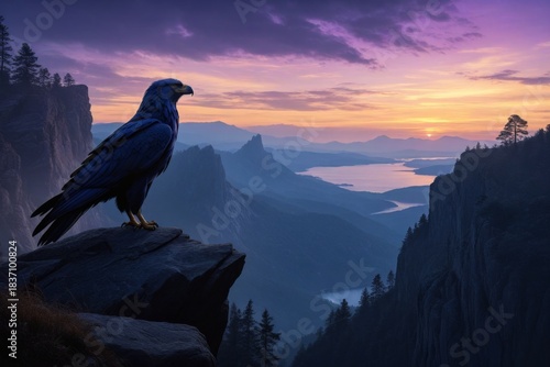 Vogel auf einem Felsen mit atemberaubendem Sonnenuntergang und dramatischer Berglandschaft im Hintergrund.