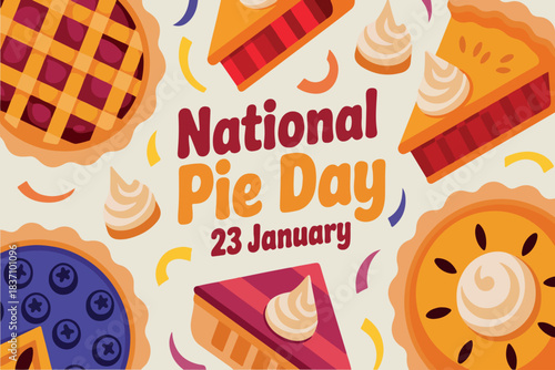 National Pie Day, 23 January, Flat Vector Illustration with Assorted Pies. National Pie Day 23 January Vector Background. Cute Dessert Theme National Pie Day Graphic