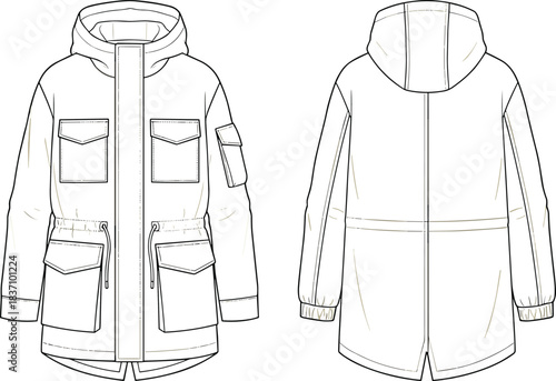 cad drawing flat vector illustration, hooded parka jacket technical sketch, front back view, fashion design template, garment construction layout