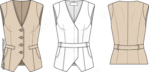 cad drawing flat vector illustration, sleeveless vest technical sketch, fashion design template, garment construction detail, front back view, belt
