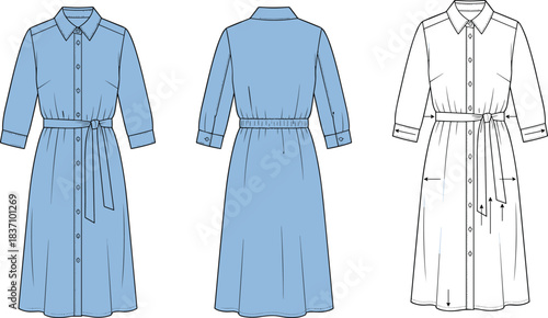 cad drawing flat vector illustration, shirt dress technical sketch, front back view, fashion design template, garment construction layout