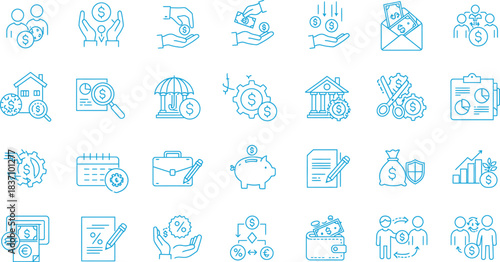 Financial services and banking line art icons, money management, investment, savings, business, payment, economics, and accounting vector symbols set.