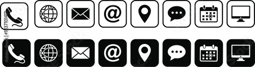 communication icon set, digital contact symbols, black and white interface icons, website tools pack, organizational vector graphics, modern UI elements