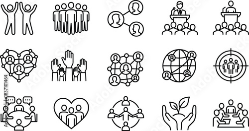 Community icon set, teamwork symbols, leadership concepts, social connection, global networking, collaboration, care, growth, vector illustration
