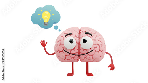 Cartoon Human Brain Character With A Bright Idea Lightbulb In A Thought Bubble Waving Hello