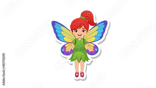 Cartoon illustration of a joyful little girl dressed as a fairy with vibrant colorful wings and a green dress isolated on a transparent background suitable for children's themes