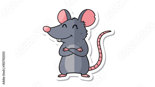 Cartoon illustration of a smiling gray mouse with pink ears and paws crossed in a confident pose isolated on a black background