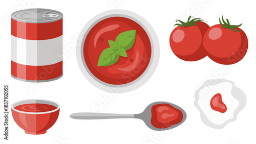 Canned Tomato Soup Bowl and Fresh Tomatoes With Spoonful of Sauce and Tomato Paste on White Surface Against Black Background