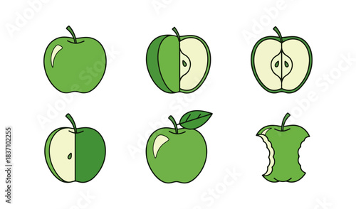 Green apple illustrations slices and whole fruit black background
