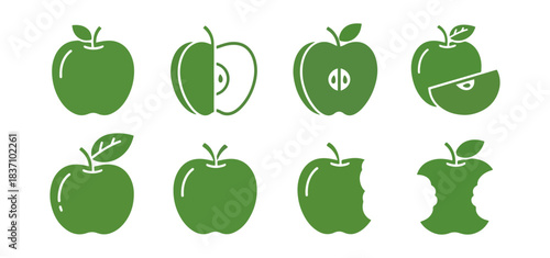Green apple illustrations whole sectioned bitten and core silhouettes