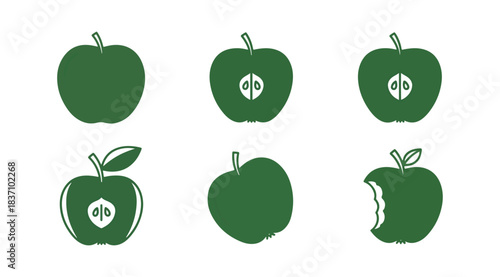 Green apple illustrations whole cut and bitten fruit elements