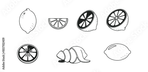 Lemon illustrations whole half sliced isolated on black background