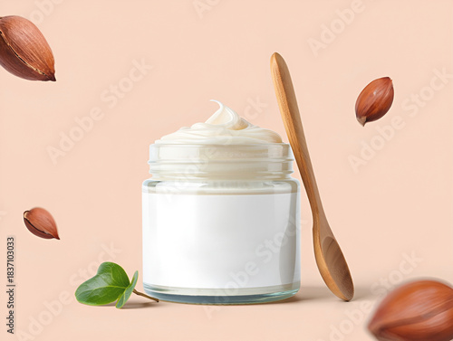 Natural organic cosmetic cream in glass jar with blank label mockup wooden spoon and floating nuts minimal studio shot
