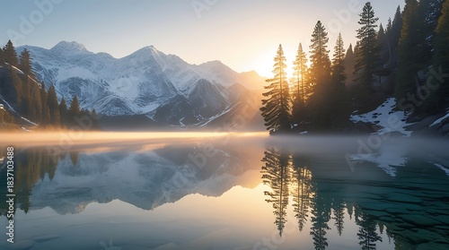 A serene mountain lake at sunrise, crystal-clear water reflecting snow-covered peaks, soft golden sunlight illuminating mist over the surface, pine trees surrounding the lake.