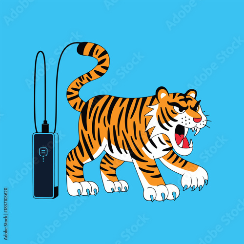 Angry Tiger Charging with Power Bank Vector