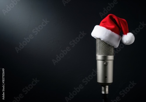 Minimal dark background with Santa hat microphone on side