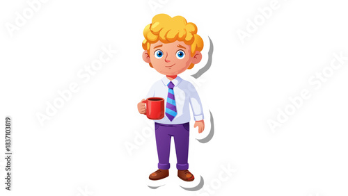 Cartoon young man with blond curly hair wearing white shirt purple tie and pants holding a red mug in his hand standing against a black background with shadow effect