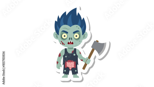 Cartoon Zombie Character Holding an Axe with Blue Hair and Green Skin Wearing Ripped Clothing and Showing Internal Organs