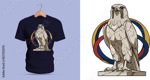 Elegant Falcon Statue Vector Artwork with Geometric Circular Elements – Stylized Stone-Carved Bird of Prey Illustration for Premium T-Shirt Designs, Artistic Merchandise, Minimalist Fashion Prints