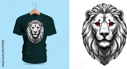Majestic White Lion Head Vector Illustration with Intense Red Eyes – High-Detail Monochrome Artwork Featuring Sharp Mane Lines and Bold Expression – Ideal for Premium T-Shirt Prints, Streetwear Fashio