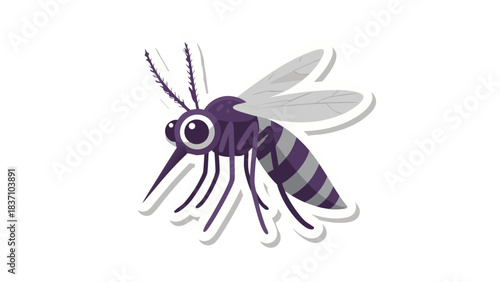 Cartoon Mosquito Insect Illustration With Purple Stripes On Body and White Wings Isolated On Black Background