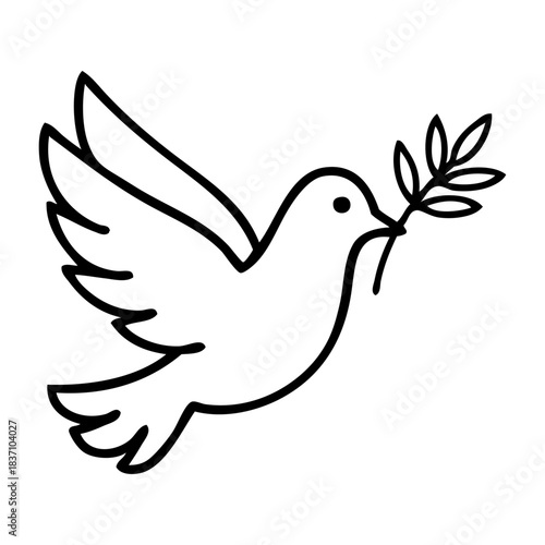 Logo con dibujo de línea continua de paloma de la paz volando con una rama de olivo en el pico 