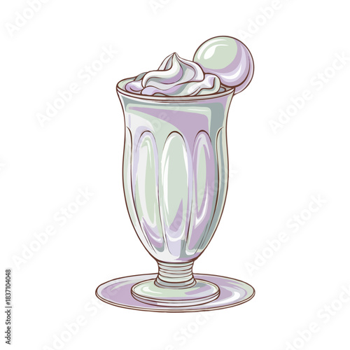 A refreshing vanilla milkshake with whipped cream and a scoop of ice cream in a tall glass isolated on white background