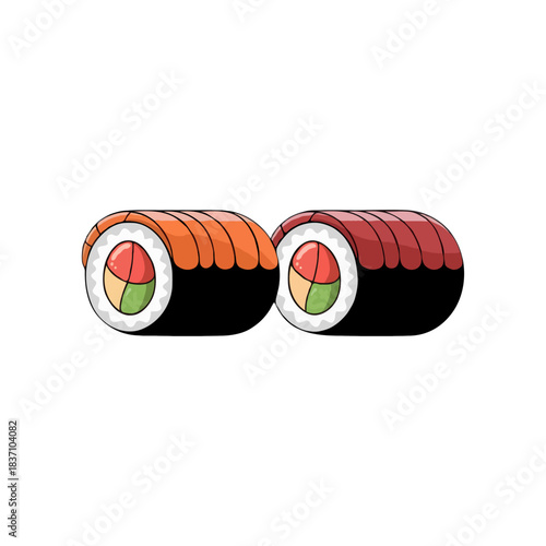 Two delicious sushi rolls with colorful fillings and seaweed wrappers isolated on white background