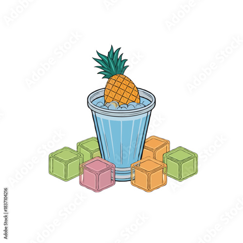 Refreshing blue cocktail with a small pineapple garnish surrounded by colorful ice cubes isolated on white background
