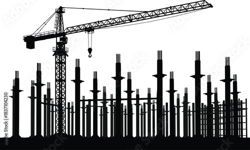Silhouette vector illustration of construction site with large tower crane and concrete pillars, building industry background isolated on white for architectural design projects concept.