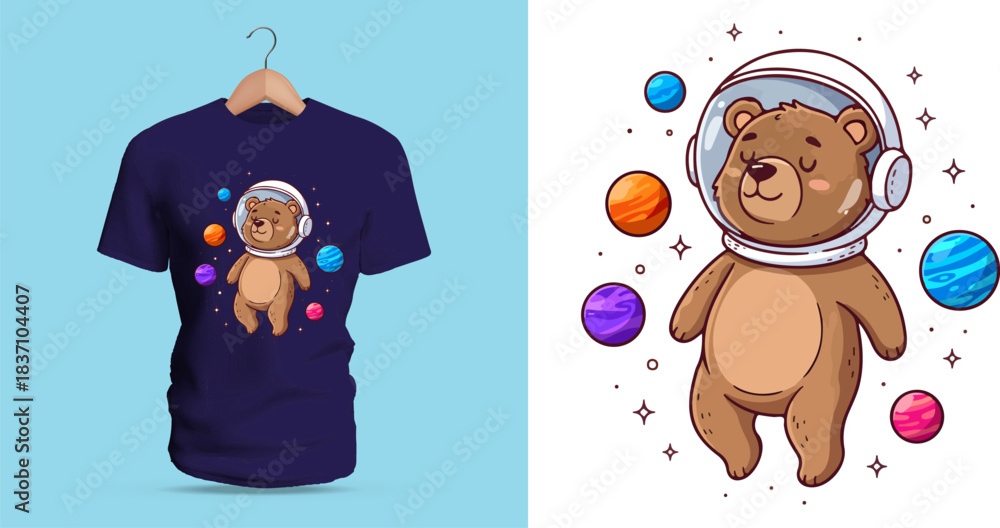 Fototapeta premium Cute Space Bear Vector Illustration Floating Among Colorful Planets – Adorable Cartoon Astronaut Character Perfect for Kids’ T-Shirt Designs, Fantasy-Themed Apparel, Playful Space Merchandise