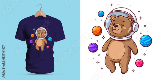 Cute Space Bear Vector Illustration Floating Among Colorful Planets – Adorable Cartoon Astronaut Character Perfect for Kids’ T-Shirt Designs, Fantasy-Themed Apparel, Playful Space Merchandise