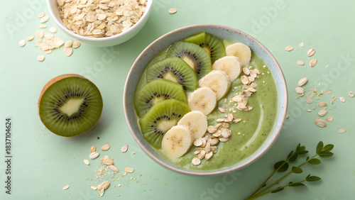 Healthy smoothie bowl with kiwi bananas and oats arranged