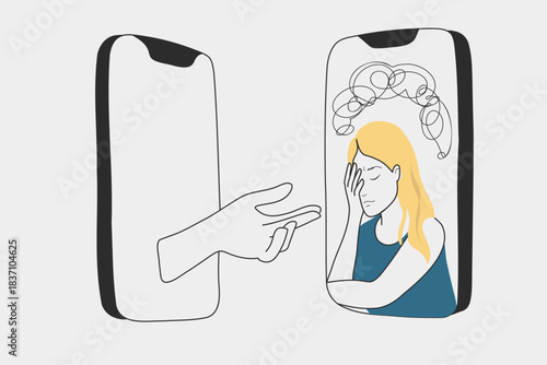 Two smartphones one with a girl overwhelmed by problems, another offering a helping hand. Flat vector illustration about psychological support, therapy and connection.