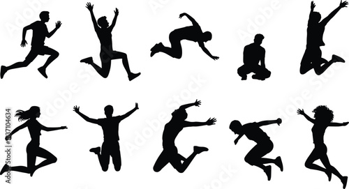 Jumping and motion silhouette, expressive human pose vector, active lifestyle icon, cad drawing flat vector illustration