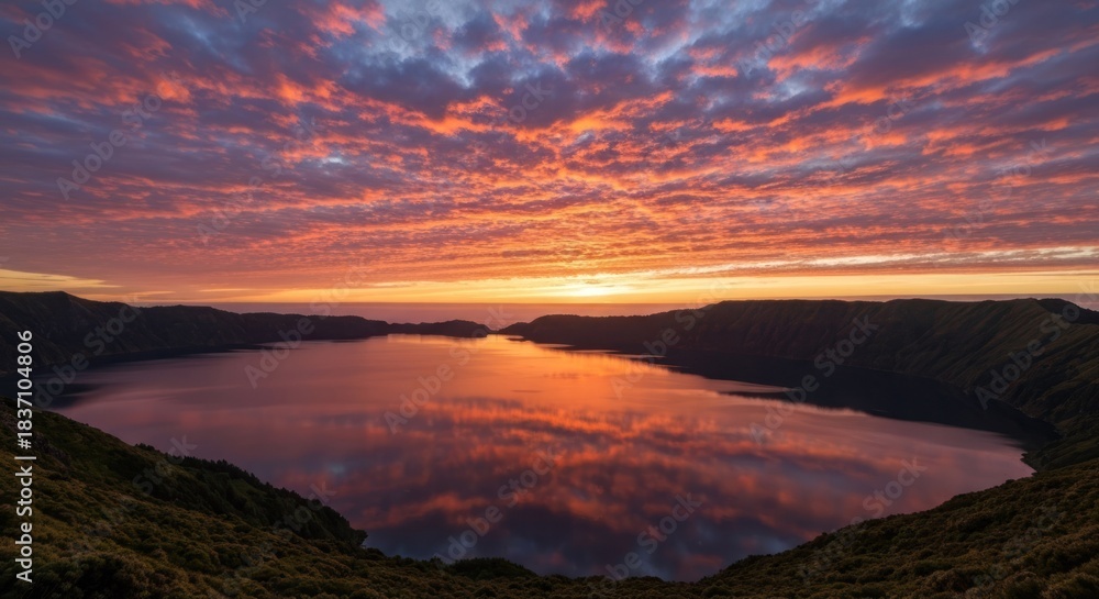 Fototapeta premium Volcanic caldera lake at sunrise, vibrant colors reflected in still water