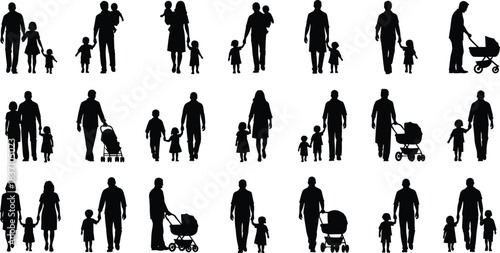 Family silhouette collection showing parents with children, walking, holding hands, pushing stroller, happy family life isolated on white background