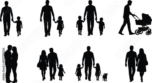 Family and parent silhouette set showing father with children, couple walking, stroller scenes, parenting lifestyle isolated white background