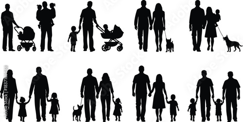Family silhouette set with parents, children, stroller and dog walking scenes, happy family lifestyle collection isolated on white background