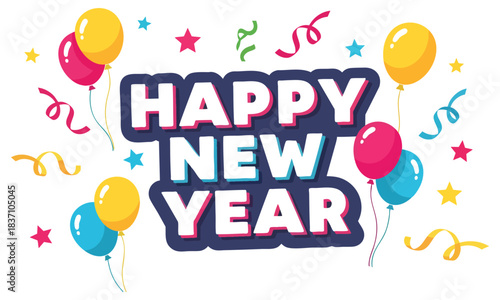 Colorful happy new year greeting illustration with fireworks party hats clocks and champagne glasses celebrating the end of the year and beginning of a new one