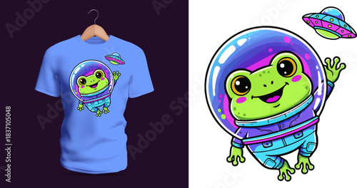Cute Astronaut Frog Vector Illustration Waving Inside Colorful Space Helmet – Fun Sci-Fi Cartoon Character Perfect for Youth T-Shirt Prints, Cosmic Adventure Apparel, Kids’ Space Designs, and Playful